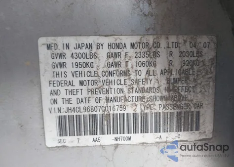 2007 Acura Tsx z USA, uszkodzony, nr VIN JH4CL96807C016759